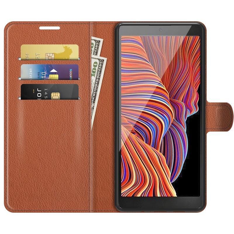 Litchi PU bőr pénztárca tok Samsung Galaxy Xcover 5 készülékhez - barna