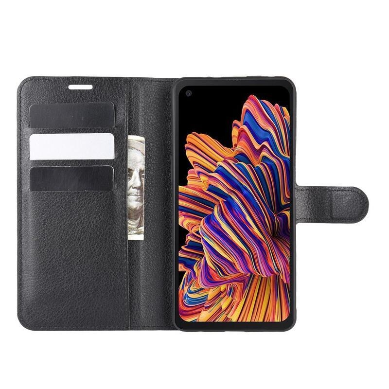 Litchi PU bőr pénztárca tok Samsung Galaxy Xcover Pro készülékhez - fekete