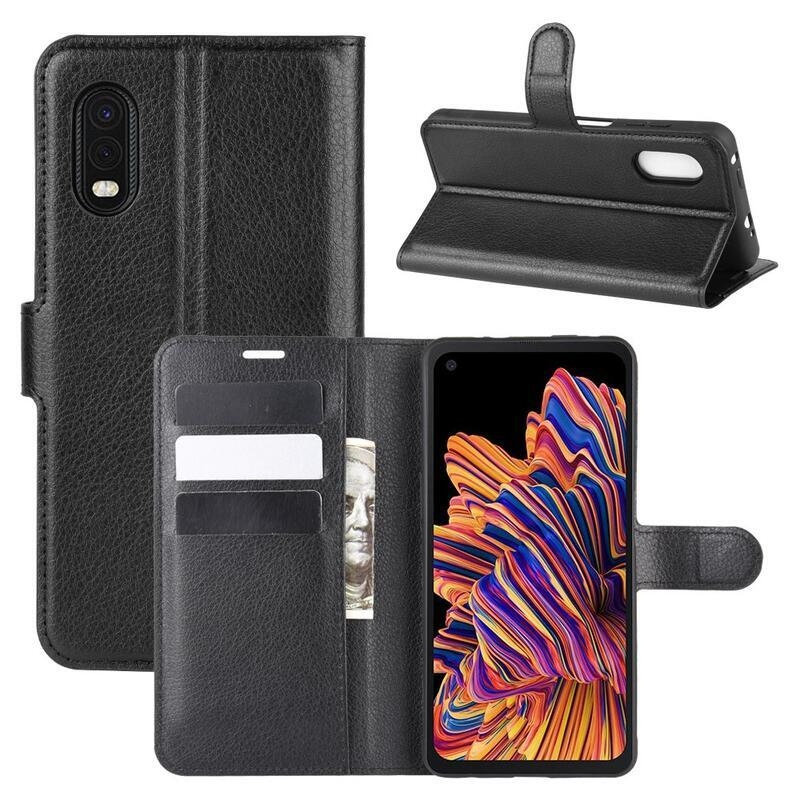 Litchi PU bőr pénztárca tok Samsung Galaxy Xcover Pro készülékhez - fekete