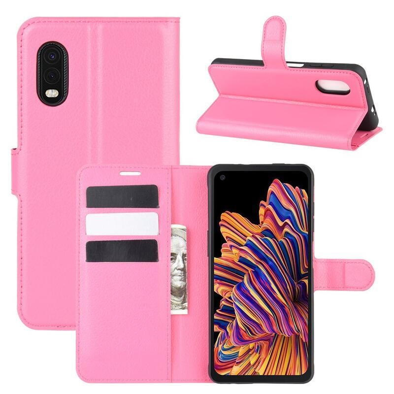 Litchi PU bőr pénztárca tok Samsung Galaxy Xcover Pro - rózsaszínű