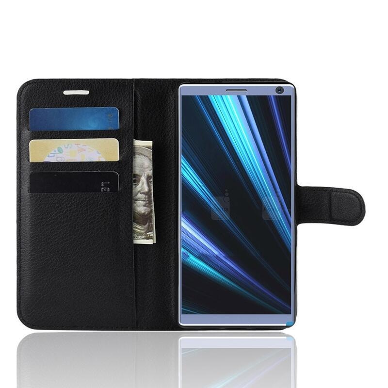Litchi PU bőr pénztárca tok Sony Xperia 10 - fekete