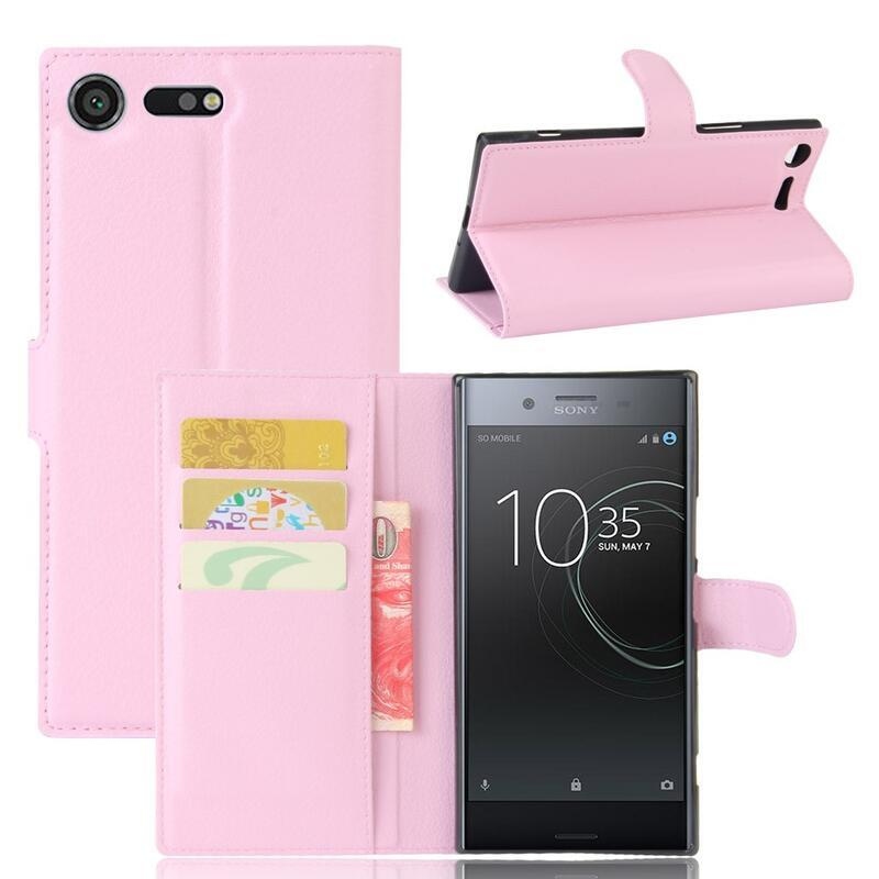 Litchi PU bőr pénztárca tok a Sony Xperia XZ Premiumhoz - rózsaszínű