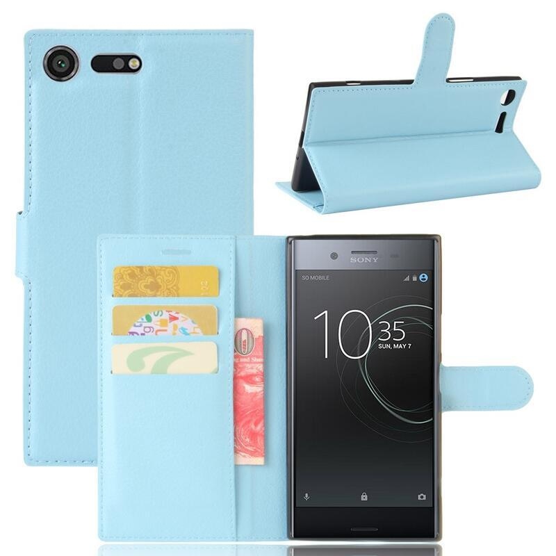 Litchi PU bőr pénztárca tok Sony Xperia XZ Premiumhoz - világoskék színű