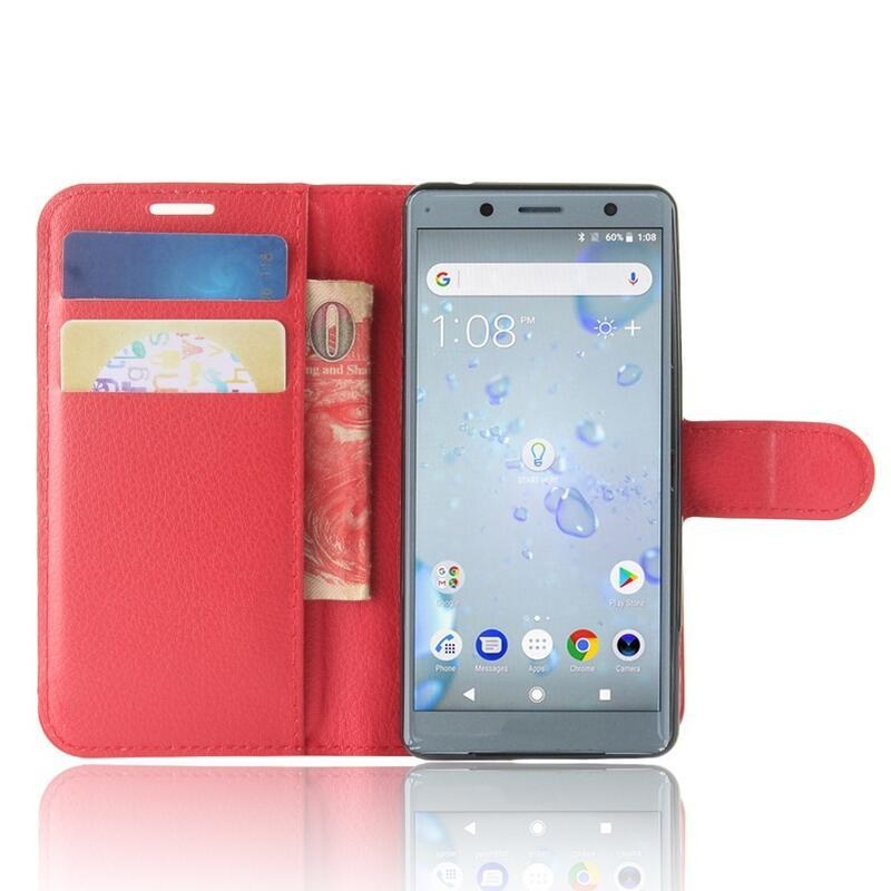 Litchi PU bőr pénztárca tok Sony Xperia XZ2 Compact-hoz - piros