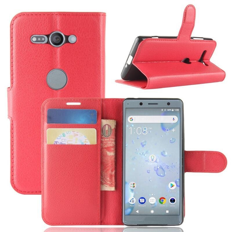 Litchi PU bőr pénztárca tok Sony Xperia XZ2 Compact-hoz - piros