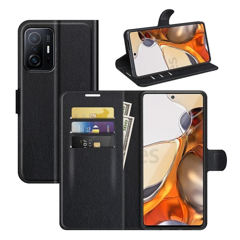 Litchi PU bőr pénztárca tok a Xiaomi 11T/11T Pro-hoz - fekete