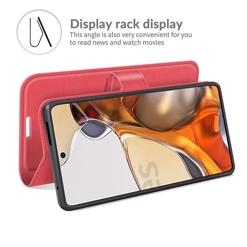 Litchi PU bőr pénztárca tok Xiaomi 11T/11T Pro - piros