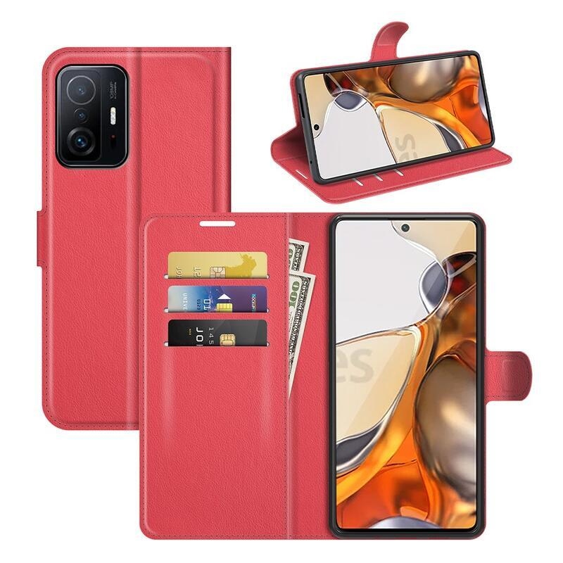 Litchi PU bőr pénztárca tok Xiaomi 11T/11T Pro - piros