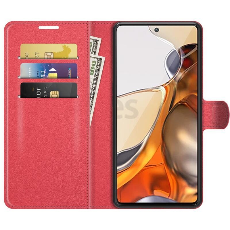 Litchi PU bőr pénztárca tok Xiaomi 11T/11T Pro - piros