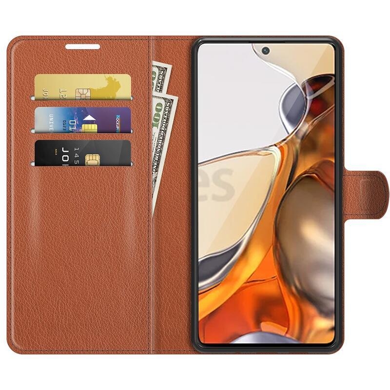 Litchi PU bőr pénztárca tok Xiaomi 11T/11T Pro - barna