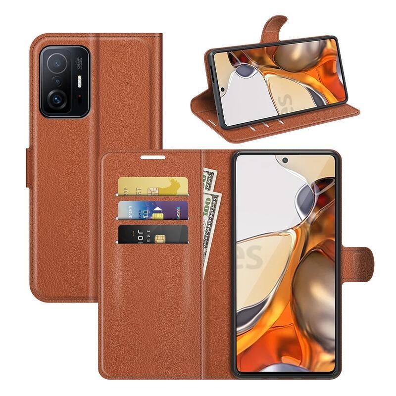 Litchi PU bőr pénztárca tok Xiaomi 11T/11T Pro - barna