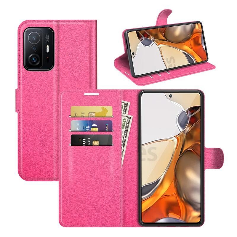 Litchi PU bőr pénztárca tok Xiaomi 11T/11T Pro - rózsaszínű