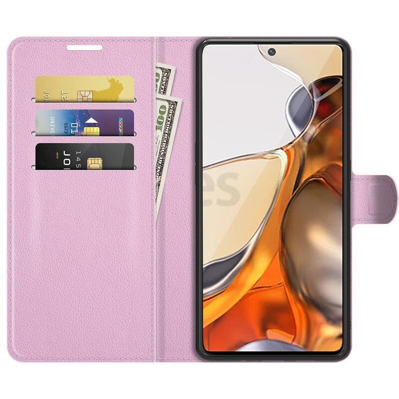 Litchi PU bőr pénztárca tok Xiaomi 11T/11T Pro - rózsaszínű