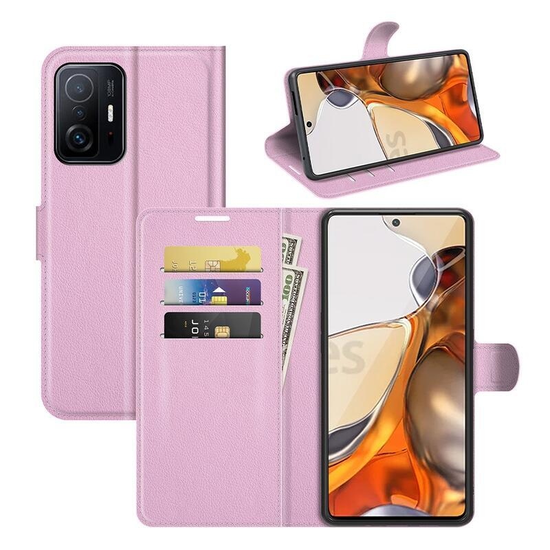 Litchi PU bőr pénztárca tok Xiaomi 11T/11T Pro - rózsaszínű