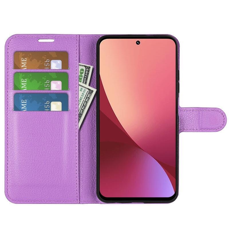 Litchi PU bőr pénztárca tok Xiaomi 12 Lite-hoz - lila