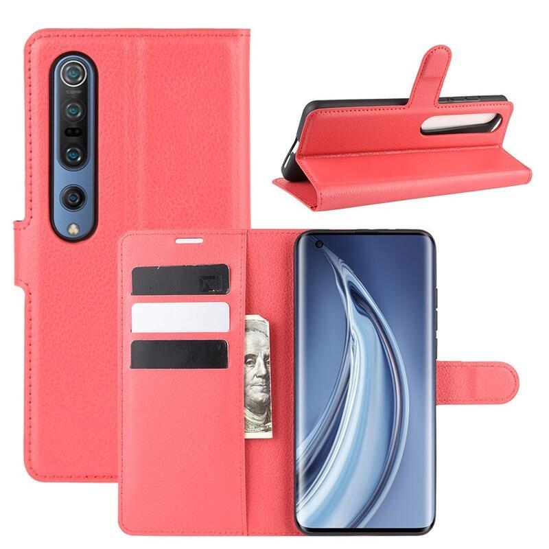 Litchi PU bőr pénztárca tok Xiaomi Mi 10/Mi 10 Pro - piros