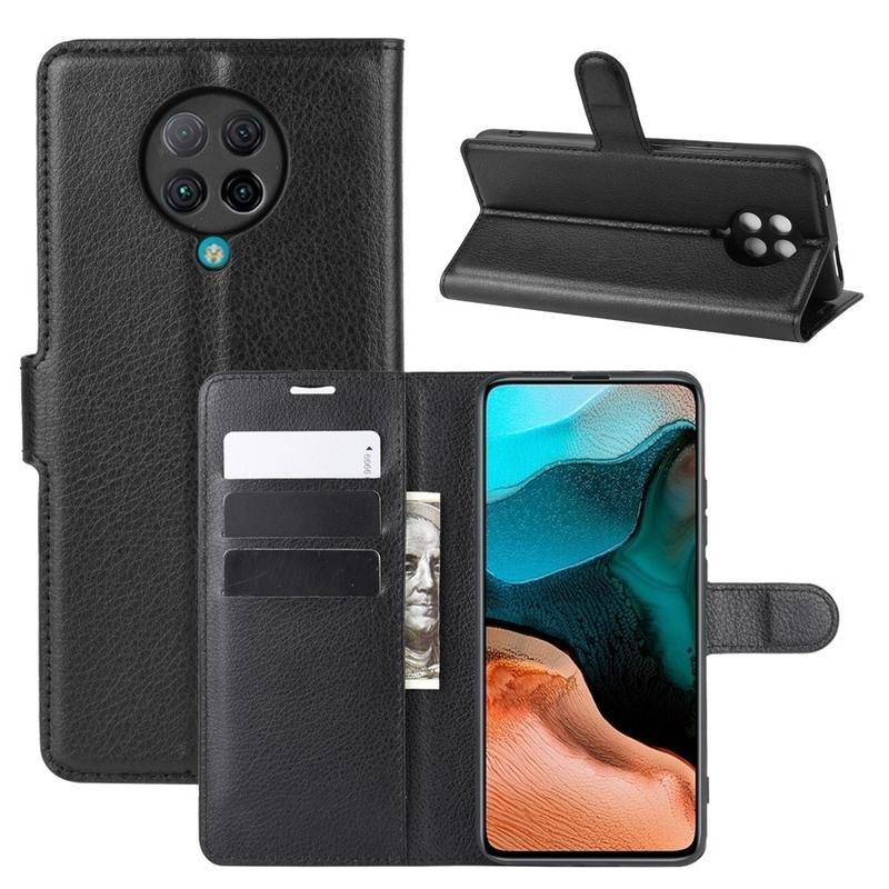 Litchi PU bőr pénztárca tok a Xiaomi Poco F2 Pro-hoz - fekete