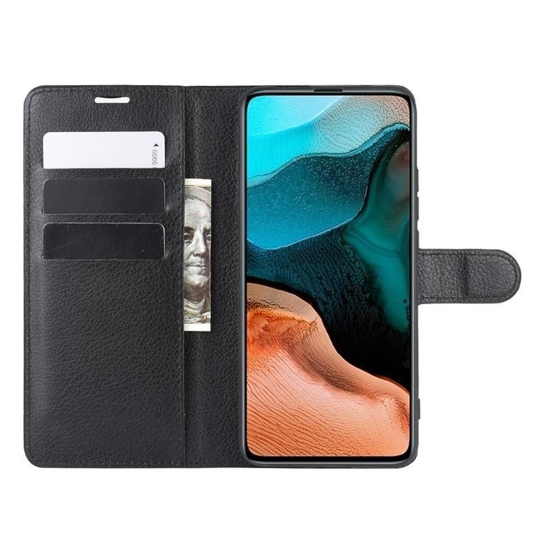 Litchi PU bőr pénztárca tok a Xiaomi Poco F2 Pro-hoz - fekete