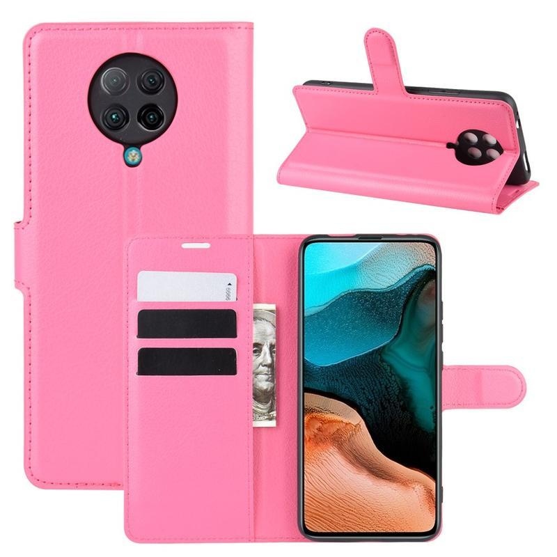 Litchi PU bőr pénztárca tok Xiaomi Poco F2 Pro - rózsaszínű