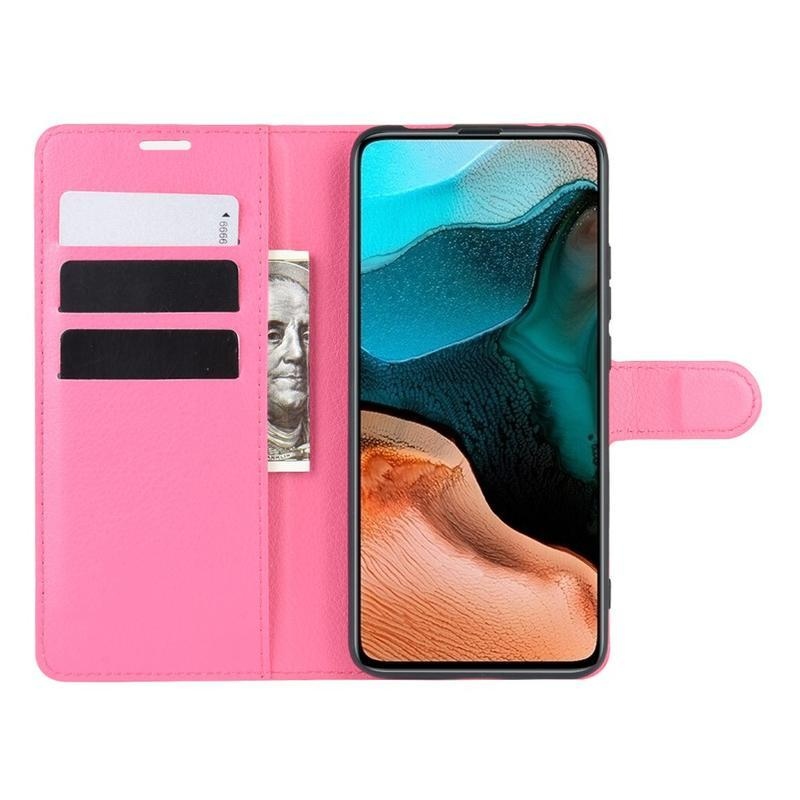 Litchi PU bőr pénztárca tok Xiaomi Poco F2 Pro - rózsaszínű