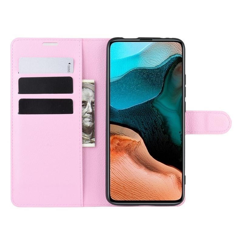 Litchi PU bőr pénztárca tok a Xiaomi Poco F2 Pro-hoz - rózsaszínű