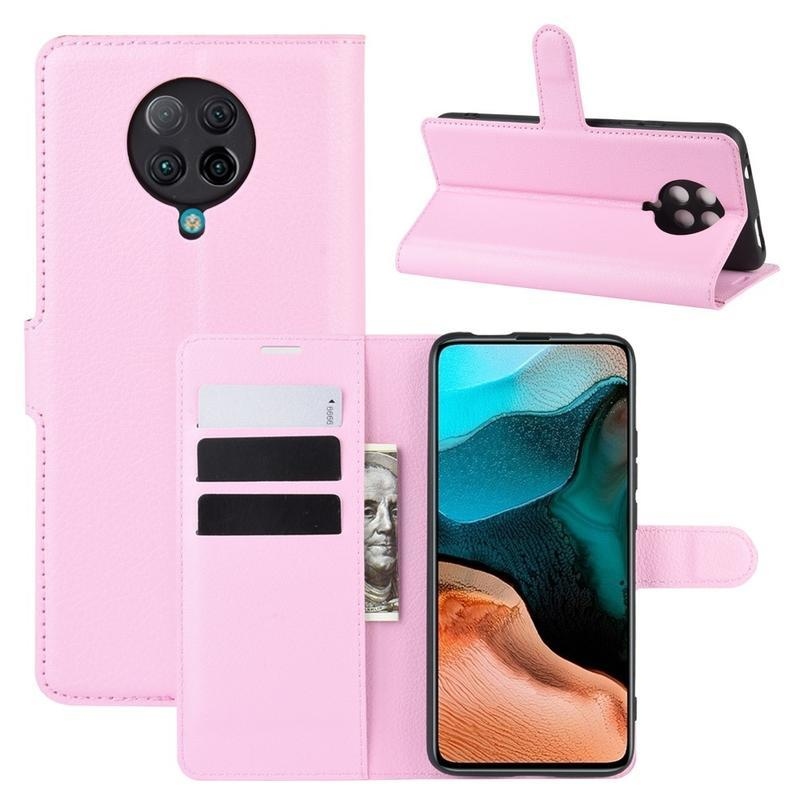 Litchi PU bőr pénztárca tok a Xiaomi Poco F2 Pro-hoz - rózsaszínű