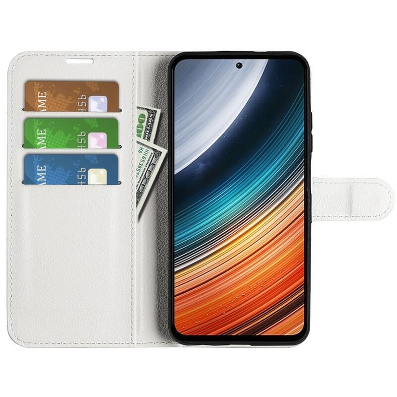 Litchi PU bőr pénztárca tok a Xiaomi Poco F4 5G-hez - fehér