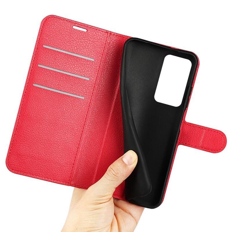 Litchi PU bőr pénztárca tok a Xiaomi Poco F4 5G-hez - piros