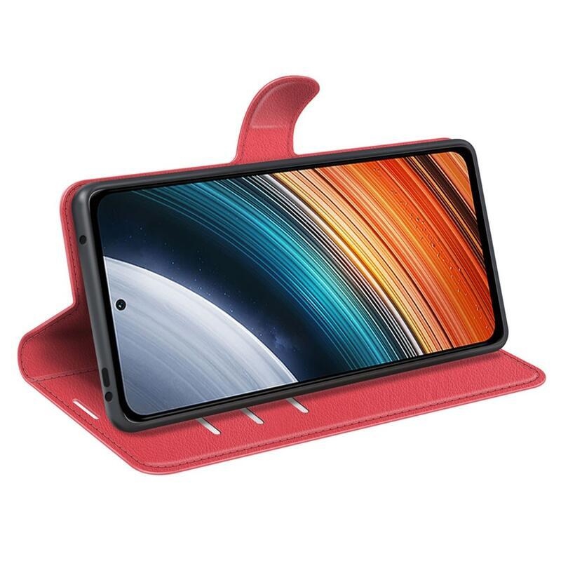 Litchi PU bőr pénztárca tok a Xiaomi Poco F4 5G-hez - piros