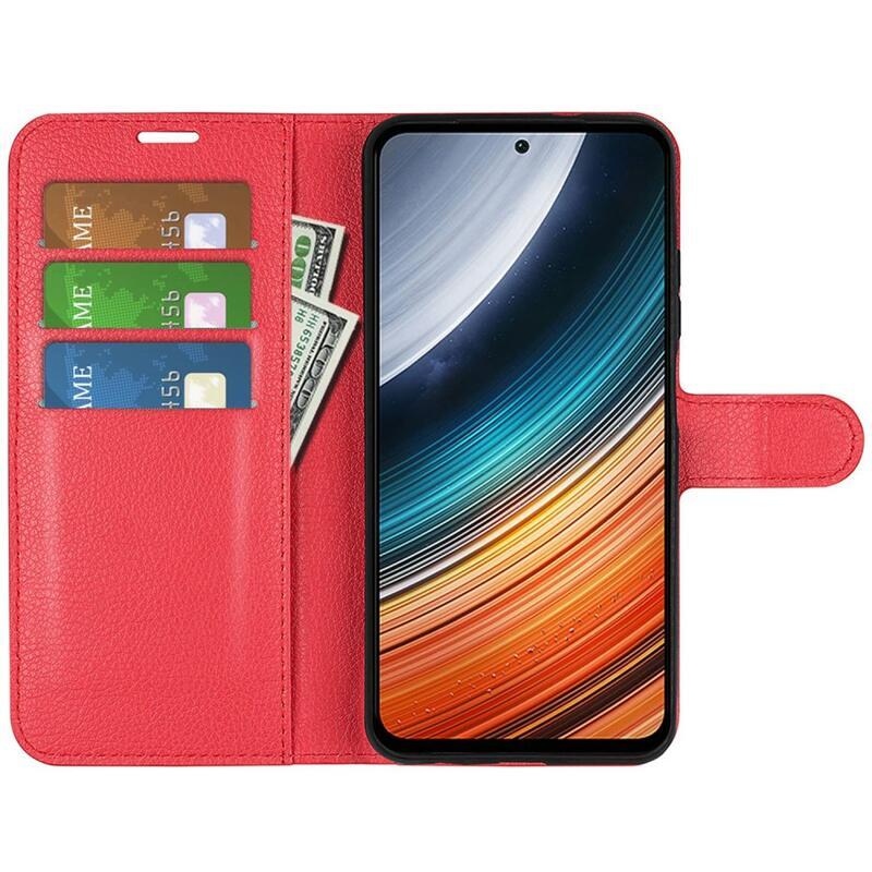 Litchi PU bőr pénztárca tok a Xiaomi Poco F4 5G-hez - piros