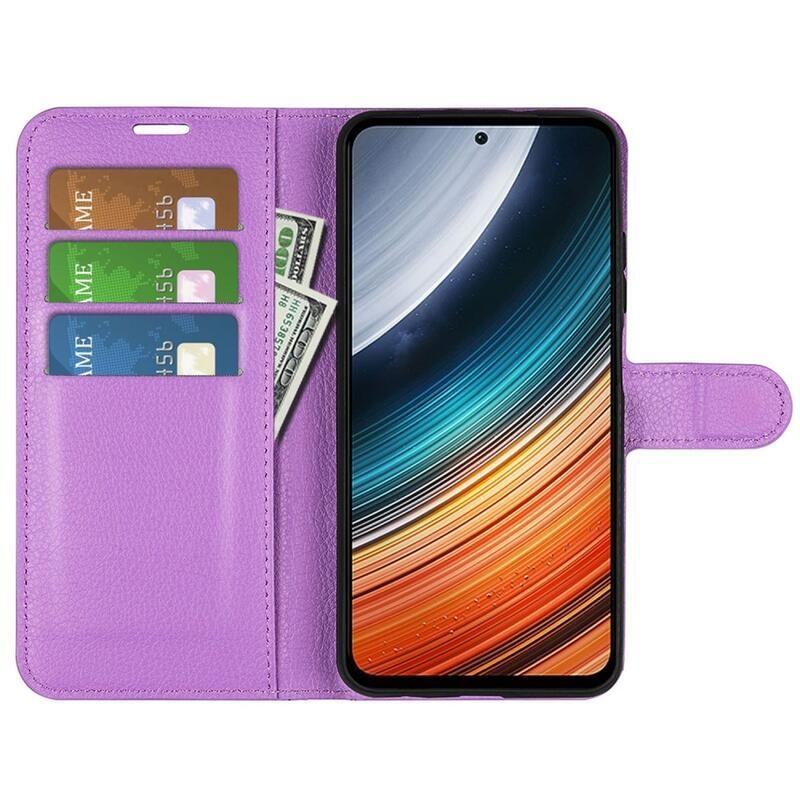 Litchi PU bőr pénztárca tok a Xiaomi Poco F4 5G-hez - lila