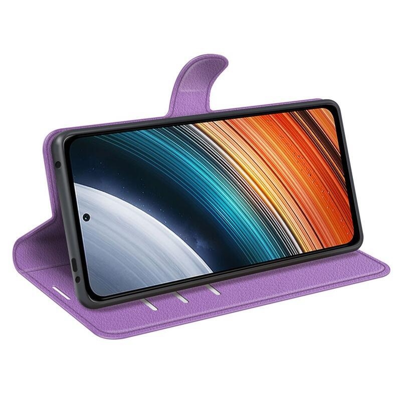 Litchi PU bőr pénztárca tok a Xiaomi Poco F4 5G-hez - lila