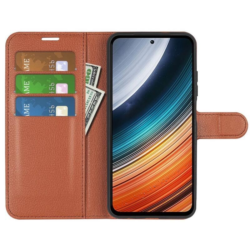 Litchi PU bőr pénztárca tok a Xiaomi Poco F4 5G-hez - barna