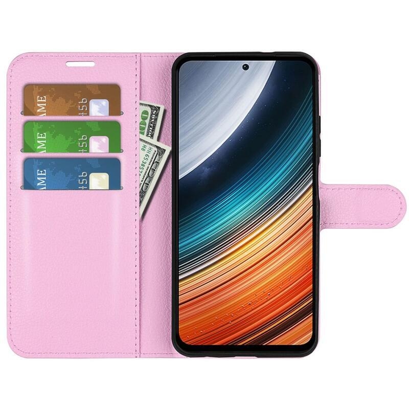 Litchi PU bőr pénztárca tok a Xiaomi Poco F4 5G-hez - rózsaszínű
