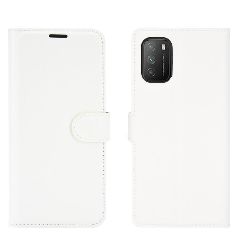 Litchi PU bőr pénztárca tok Xiaomi Poco M3-hoz - fehér