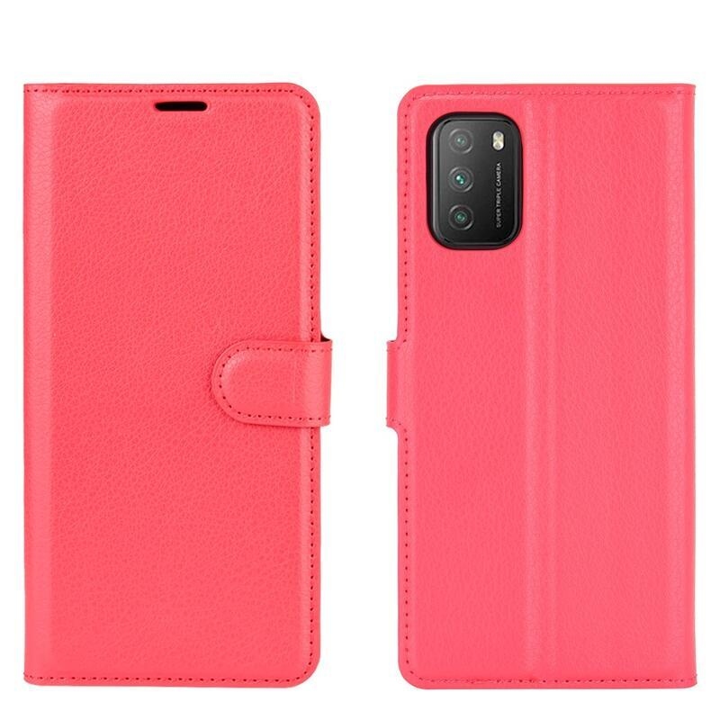 Litchi PU bőr pénztárca tok Xiaomi Poco M3-hoz - piros