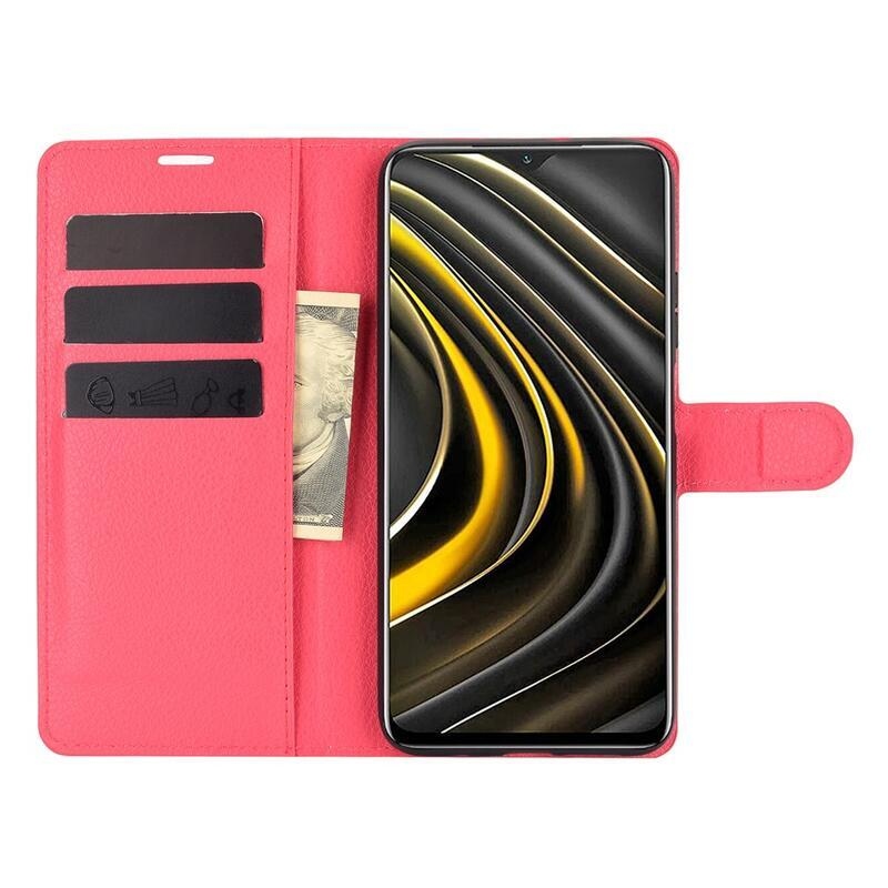 Litchi PU bőr pénztárca tok Xiaomi Poco M3-hoz - piros