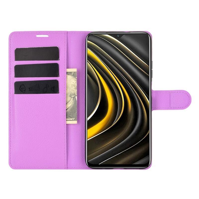 Litchi PU bőr pénztárca tok Xiaomi Poco M3-hoz - lila
