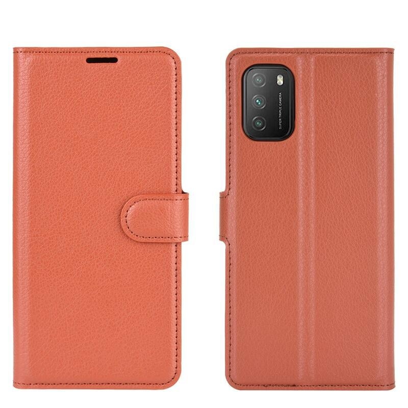 Litchi PU bőr pénztárca tok Xiaomi Poco M3-hoz - barna