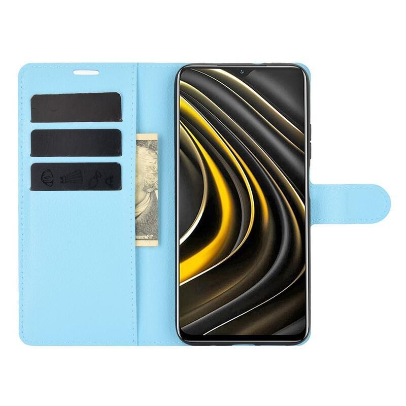 Litchi PU bőr pénztárca tok Xiaomi Poco M3-hoz - kék