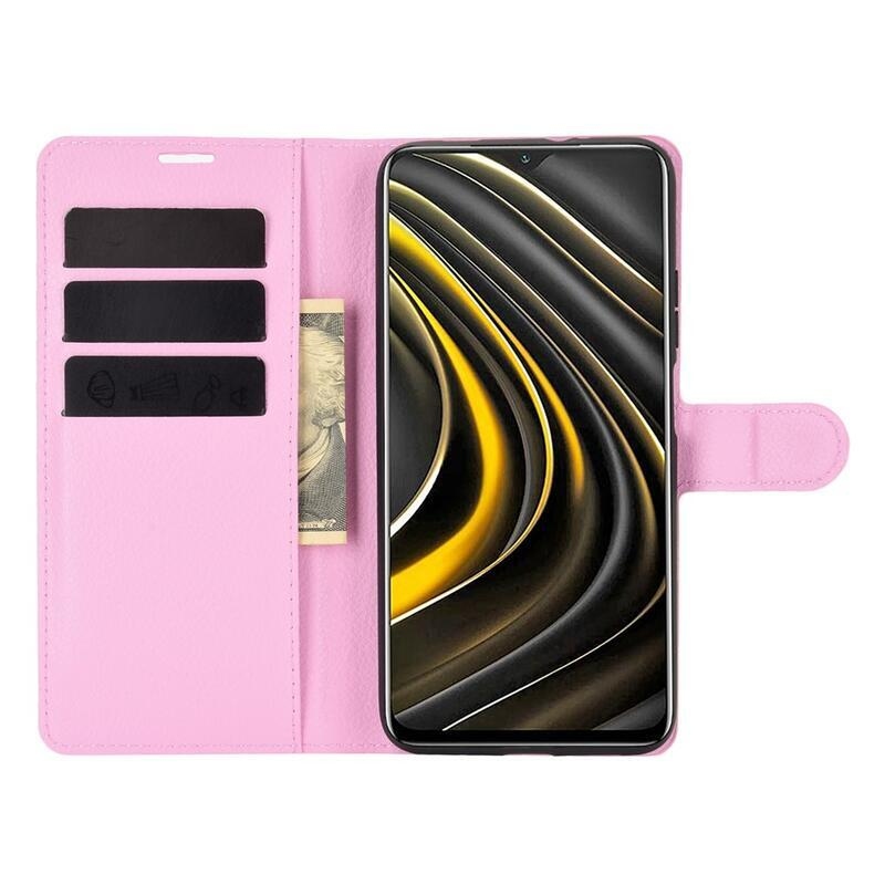 Litchi PU bőr pénztárca tok Xiaomi Poco M3-hoz - rózsaszín