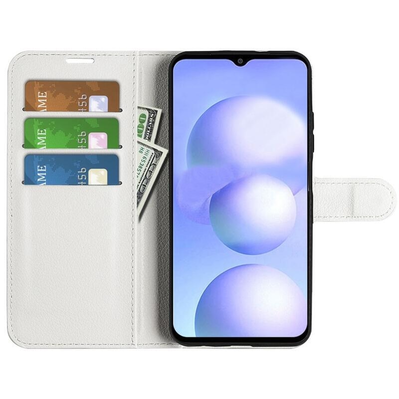 Litchi PU bőr pénztárca tok a Xiaomi Poco M4 5G-hez - fehér