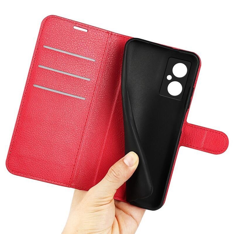 Litchi PU bőr pénztárca tok a Xiaomi Poco M4 5G-hez - piros