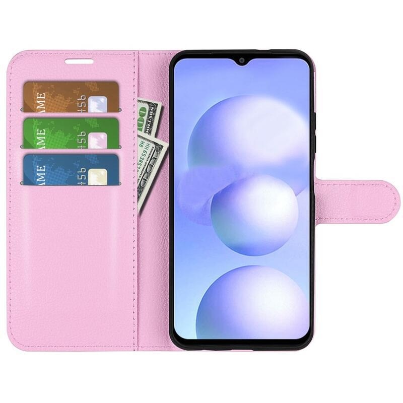 Litchi PU bőr pénztárca tok Xiaomi Poco M4 5G - rózsaszínű