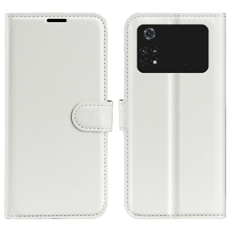 Litchi PU bőr pénztárca tok a Xiaomi Poco M4 Pro 4G-hez - fehér