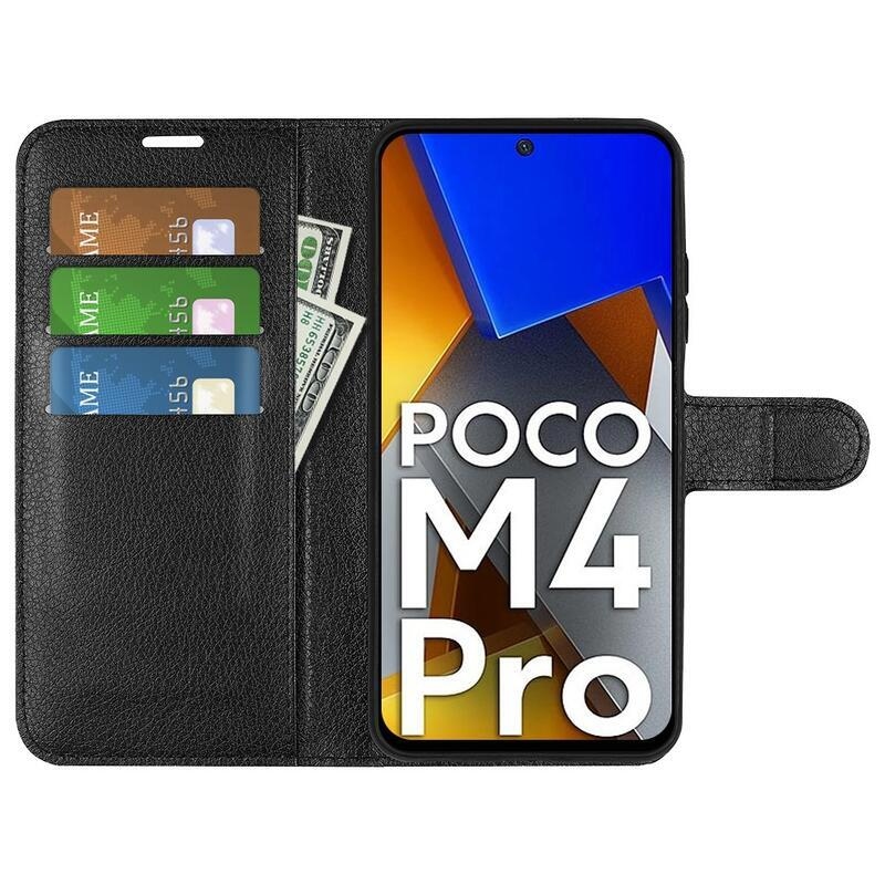 Litchi PU bőr pénztárca tok a Xiaomi Poco M4 Pro 4G-hez - fekete