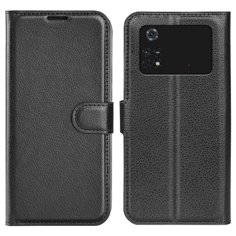 Litchi PU bőr pénztárca tok a Xiaomi Poco M4 Pro 4G-hez - fekete