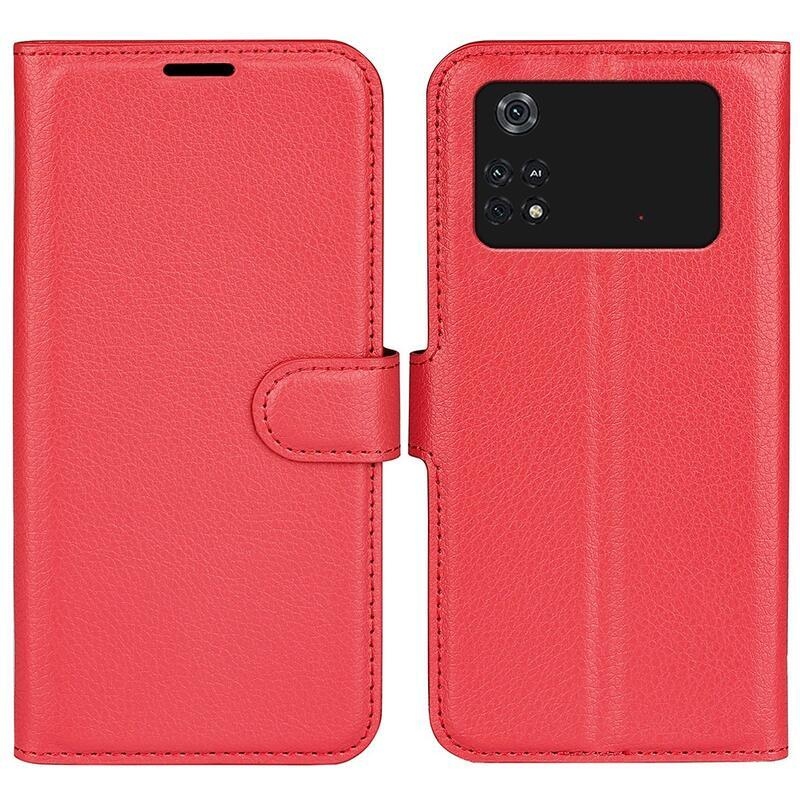 Litchi PU bőr pénztárca tok a Xiaomi Poco M4 Pro 4G-hez - piros