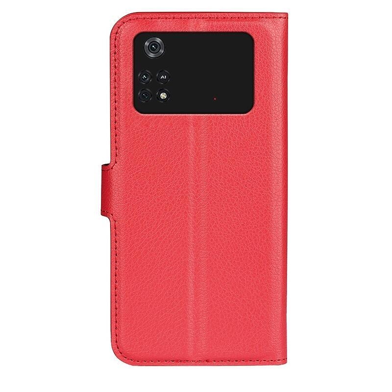 Litchi PU bőr pénztárca tok a Xiaomi Poco M4 Pro 4G-hez - piros