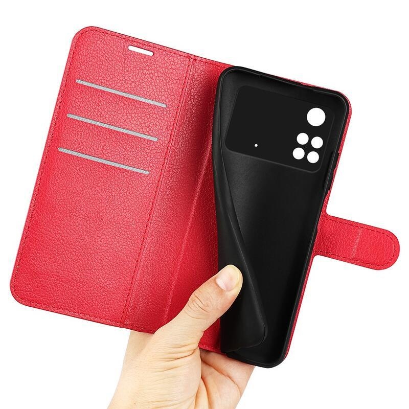 Litchi PU bőr pénztárca tok a Xiaomi Poco M4 Pro 4G-hez - piros